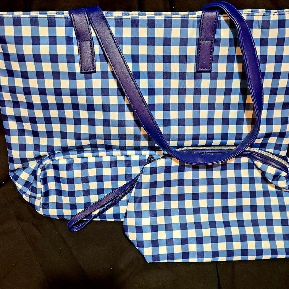 New-Blue & White Checked Tote and Make-up Bag